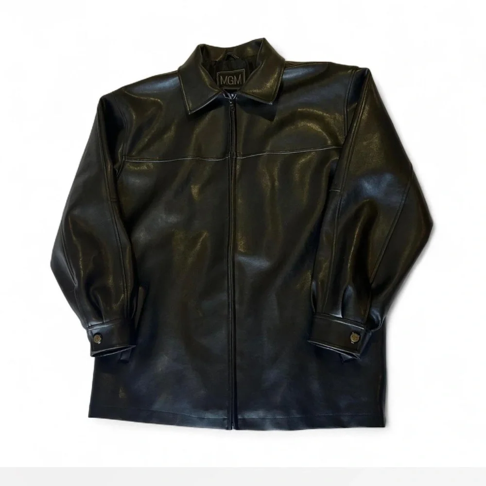 Black Classic Zip Up Leather Jacket Oversized Men's Medium Vintage | MGM
